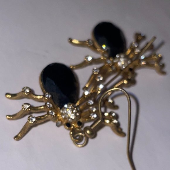 VTG Gold Diamond Spider Black Opal Drop Earrings - Picture 1 of 3